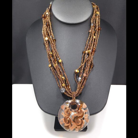 Murano Glass Pendant Beaded Necklace, Bronze Copper Glass, Seed Beads - Picture 4 of 10